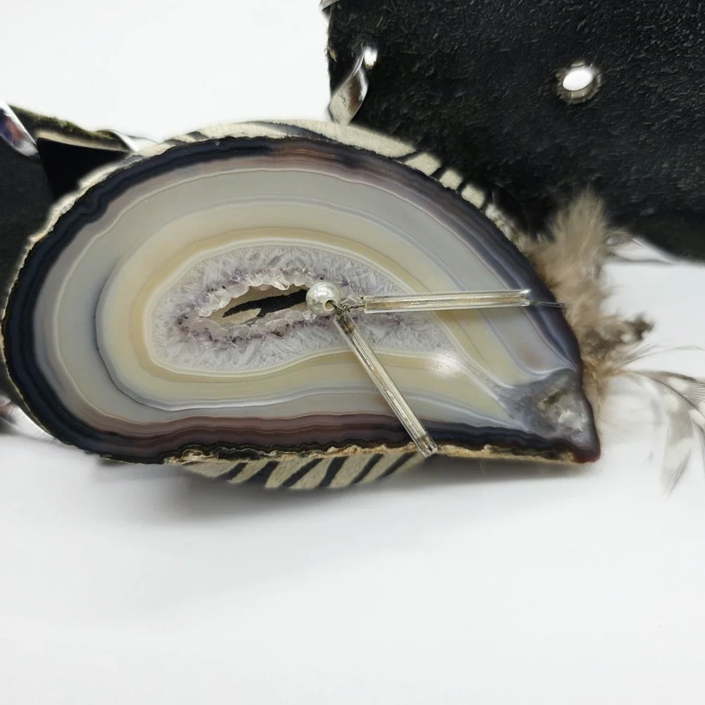Handmade Leather Agate Geode Stone Belt Zebra Print Wearable Art 36 x 3.5